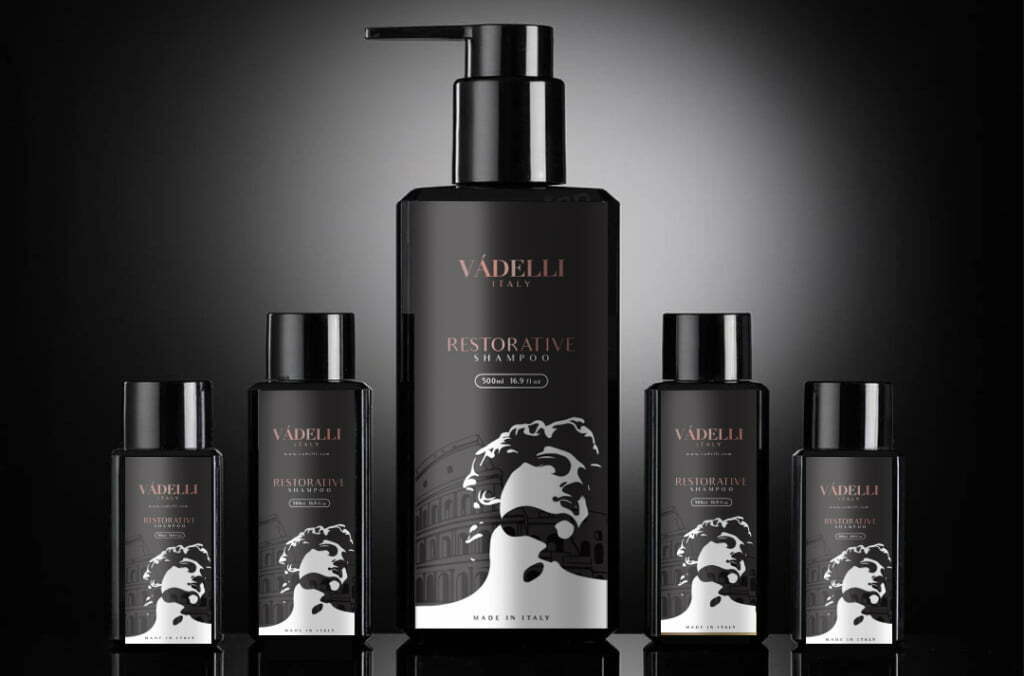 VADELLIE男士洗發(fā)水包裝設(shè)計(jì)，男士石膏雕塑黑白光影插畫-上海包裝設(shè)計(jì)公司