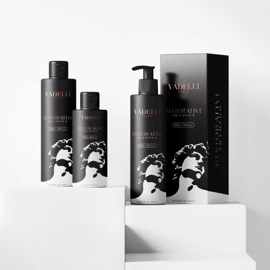 VADELLIE男士洗發水包裝設計，男士石膏雕塑黑白光影插畫-上海包裝設計公司