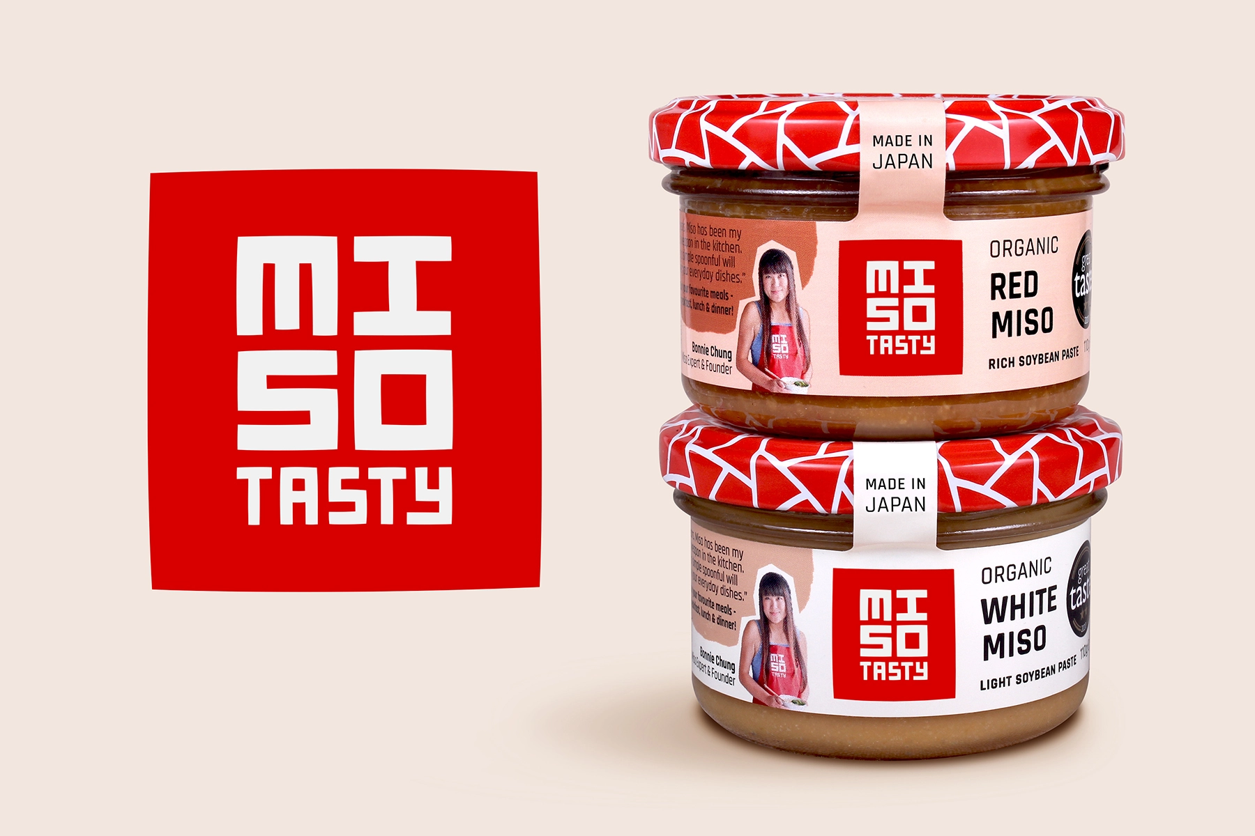 Miso Tasty日式味增調(diào)味品包裝設(shè)計(jì)，突出品牌logo與三角組合圖案識(shí)別元素