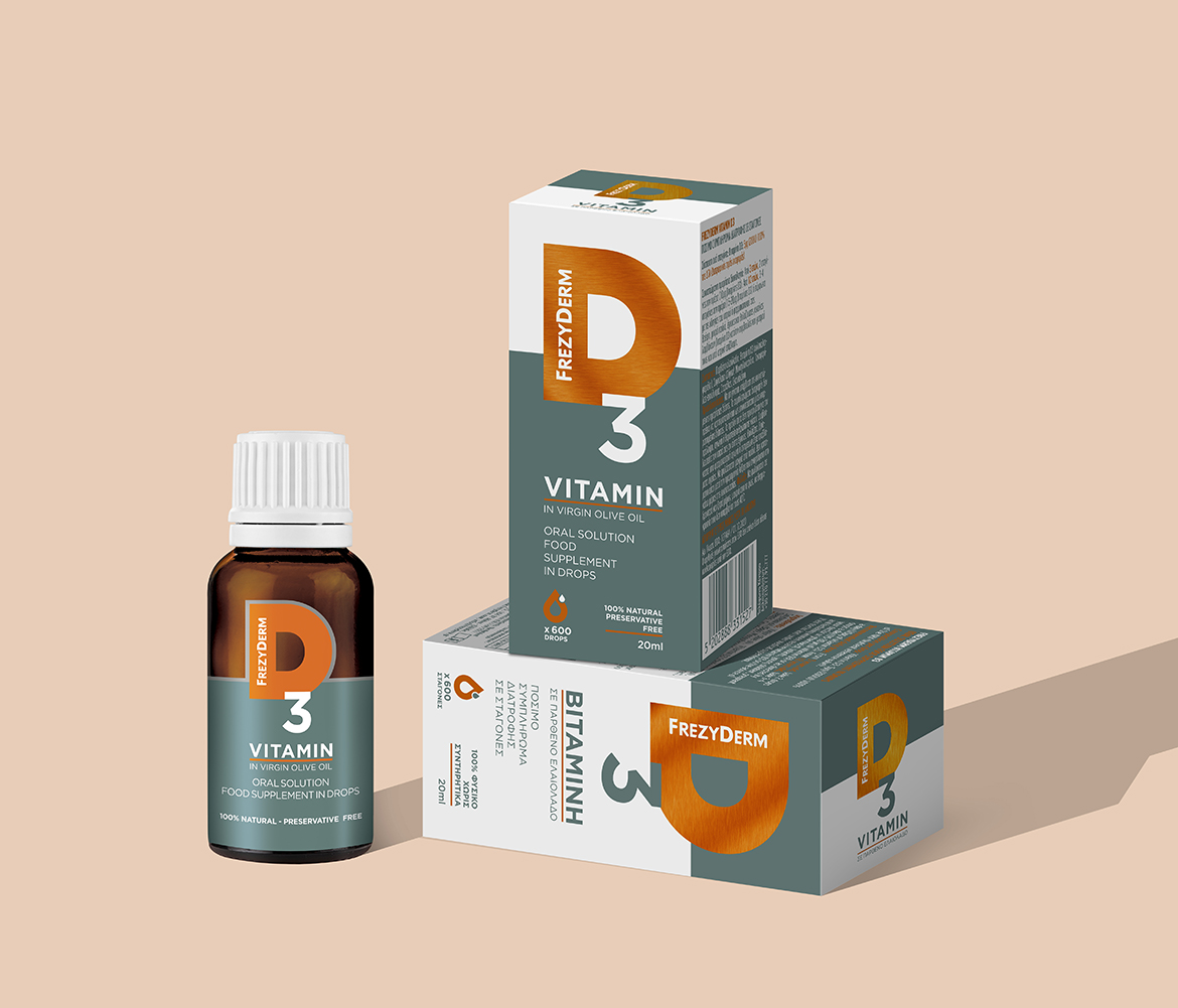 Frezyderm“維生素D3”口服維生素溶液包裝設計，直觀明了風格