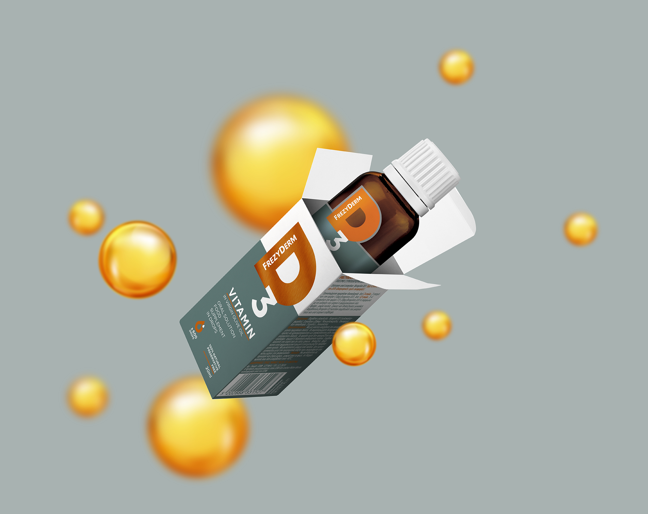 Frezyderm“維生素D3”口服維生素溶液包裝設計，直觀明了風格