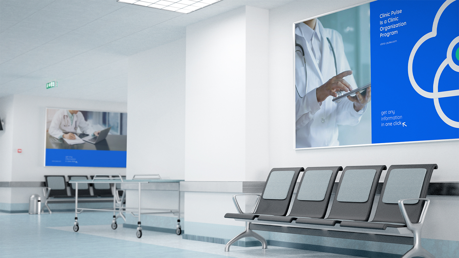 Clinic診所醫療管理軟件品牌 logo設計，心臟、紅十字會徽章和聽診器