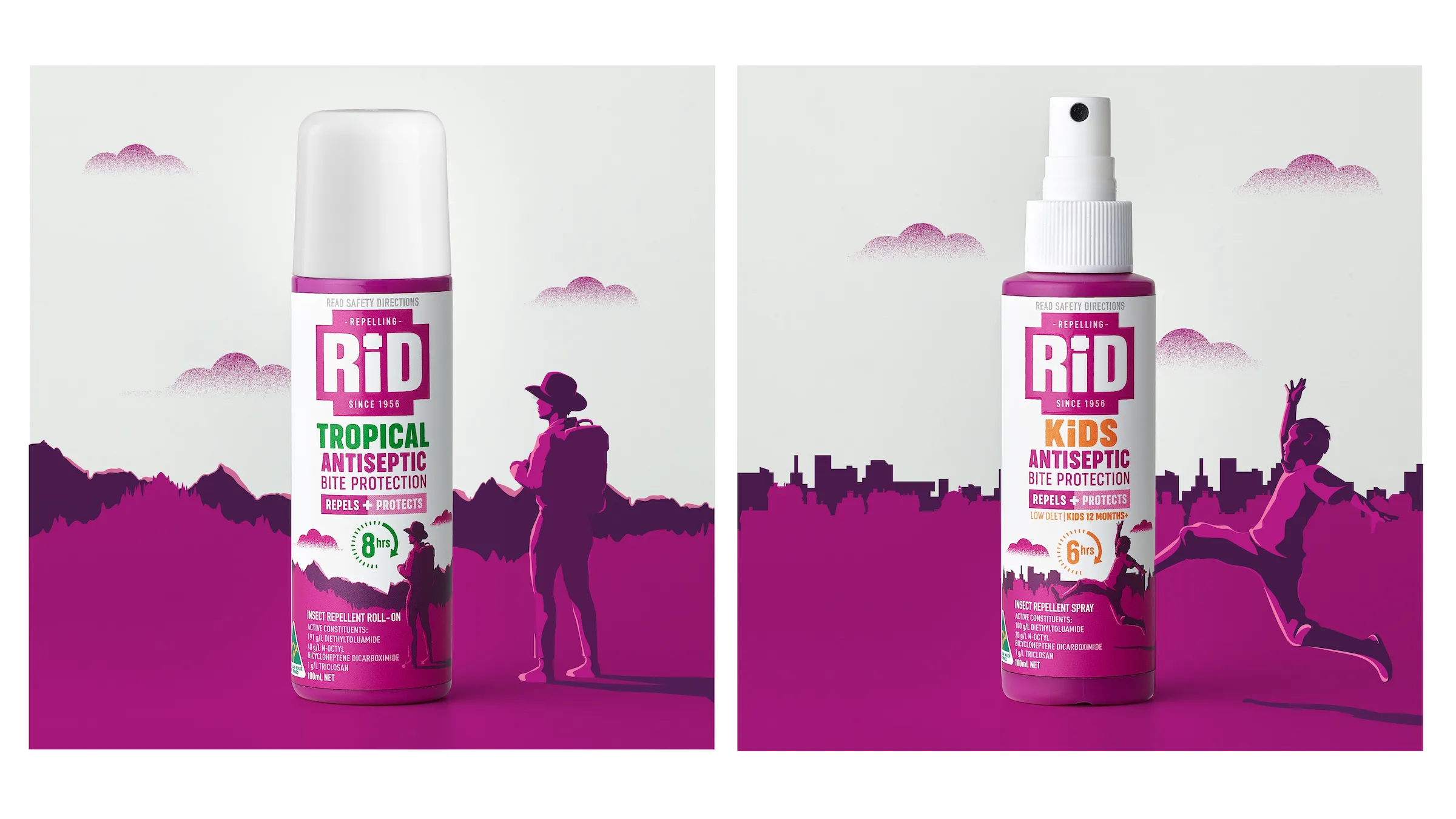 RiD驅(qū)蟲(chóng)劑驅(qū)蚊劑品牌包裝更新設(shè)計(jì)，突出醫(yī)療醫(yī)藥屬性與戶(hù)外使用場(chǎng)景的紫色風(fēng)格