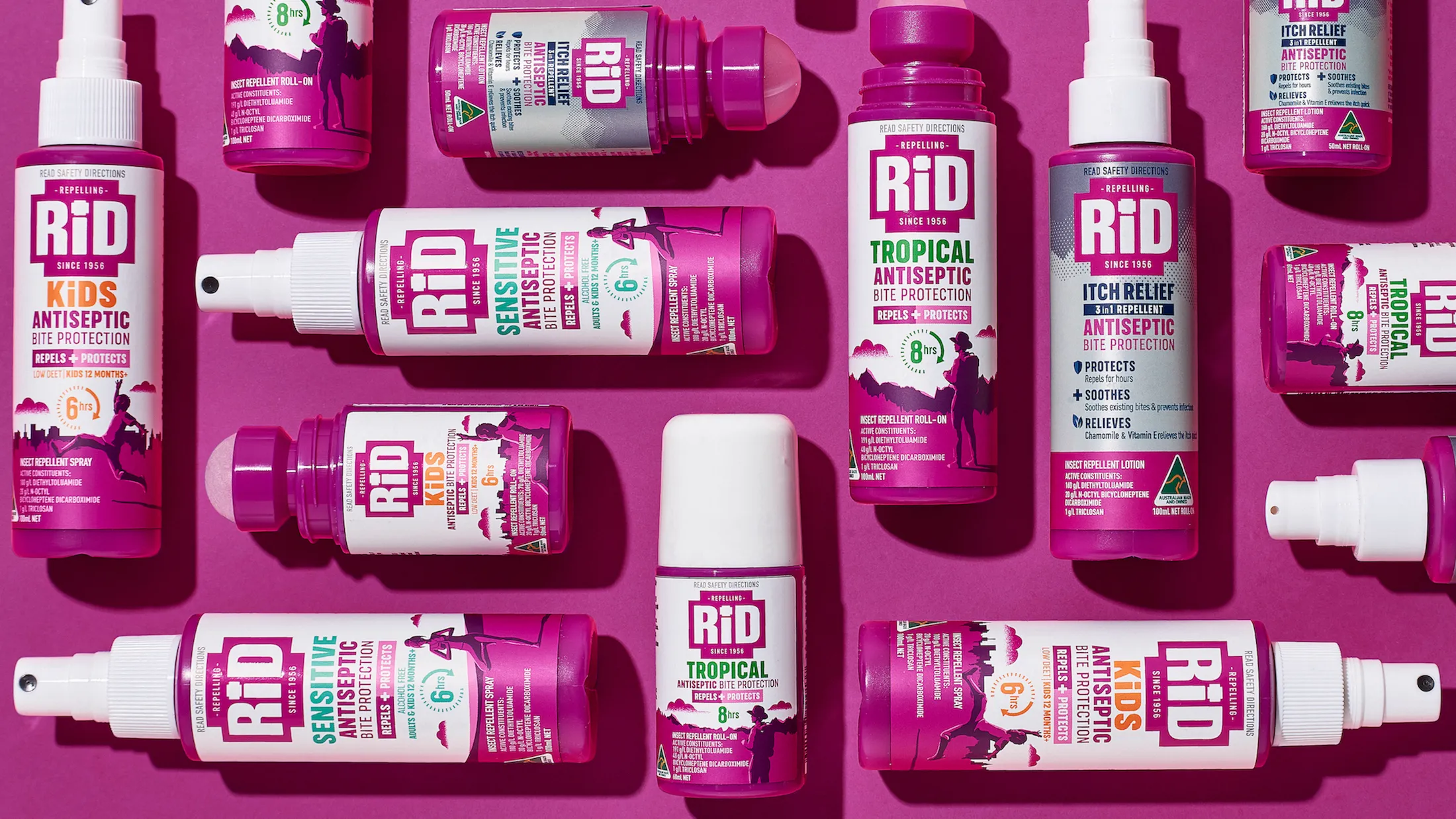 RiD驅(qū)蟲(chóng)劑驅(qū)蚊劑品牌包裝更新設(shè)計(jì)，突出醫(yī)療醫(yī)藥屬性與戶(hù)外使用場(chǎng)景的紫色風(fēng)格