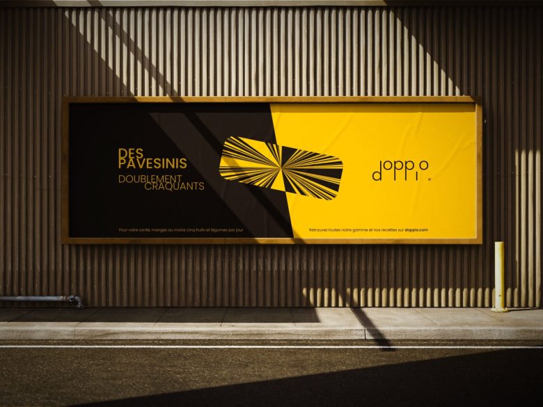 Doppio 食品包裝設計logo設計，黑黃色放射線條組合元素