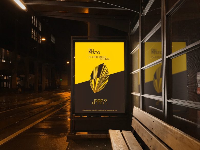 Doppio 食品包裝設計logo設計，黑黃色放射線條組合元素