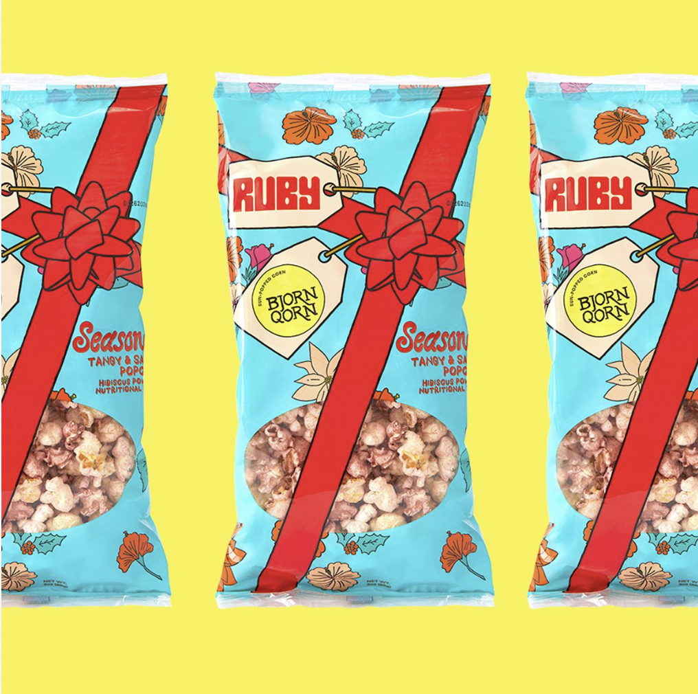 Ruby和BjornQorn 聯(lián)合品牌節(jié)日爆米花包裝設(shè)計(jì)，節(jié)日彩帶元素