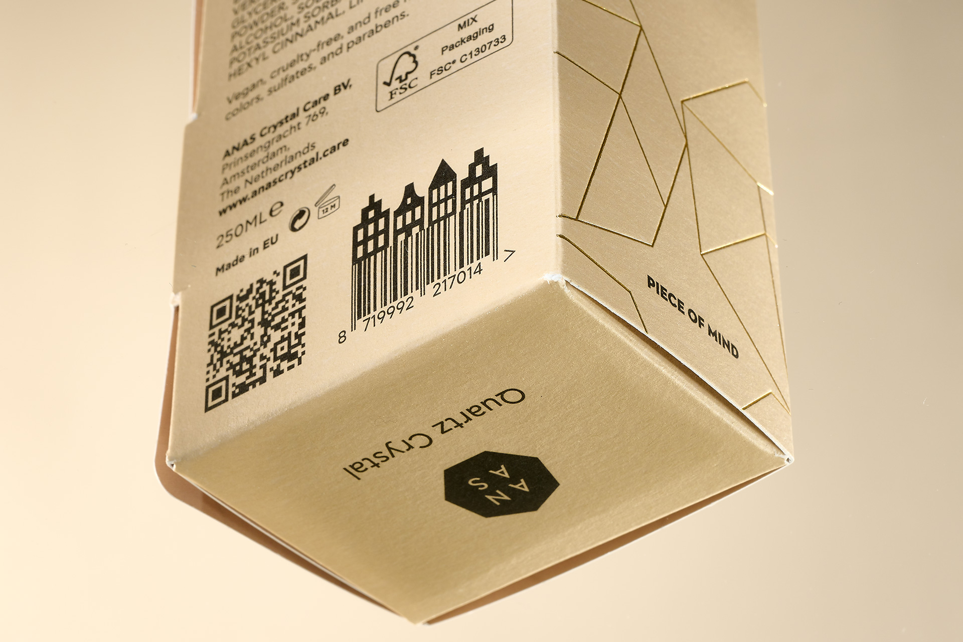 ANAS 化妝品金色包裝設計，天然和精制水晶石英配方&設計元素