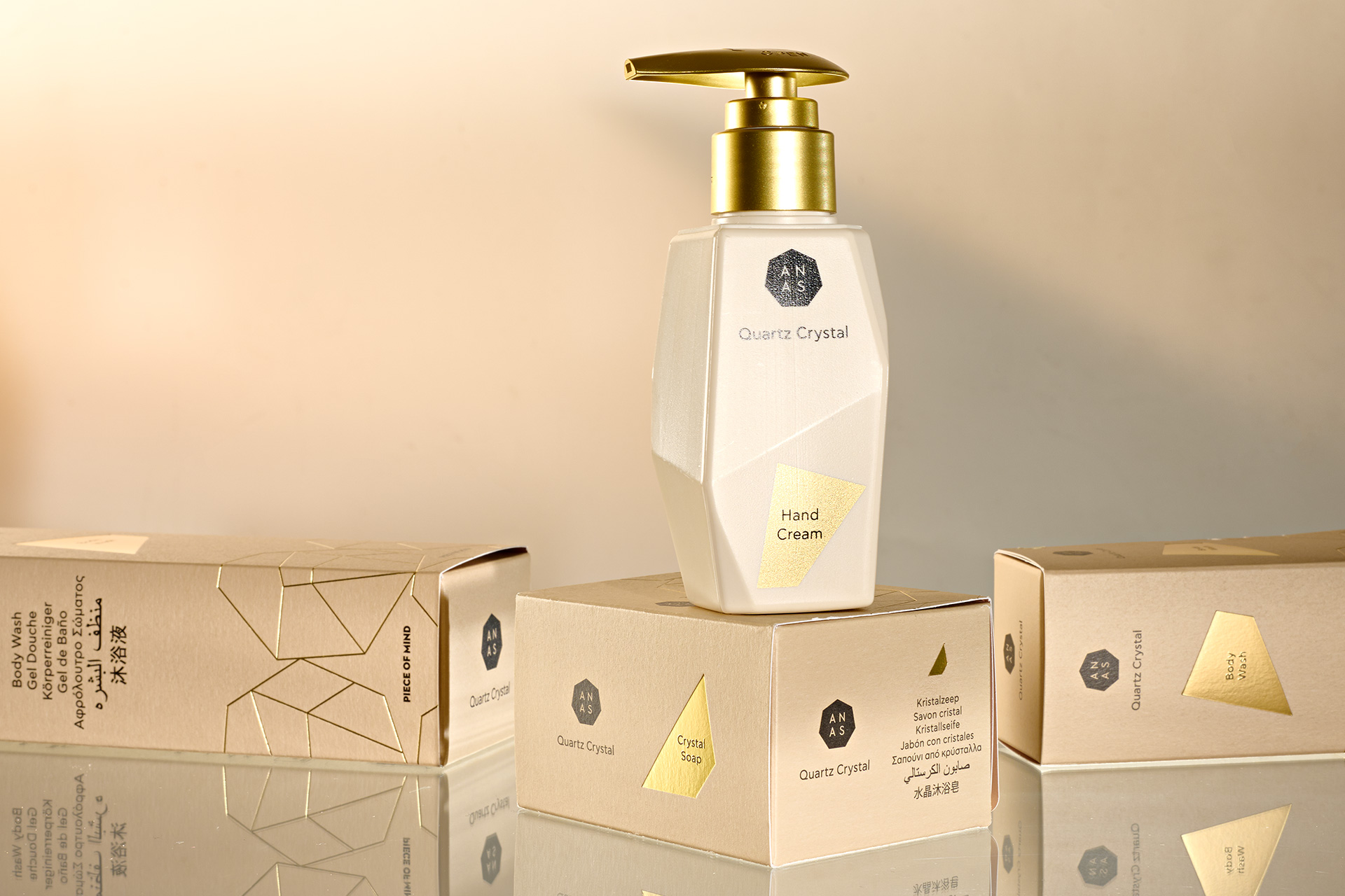 ANAS 化妝品金色包裝設計，天然和精制水晶石英配方&設計元素