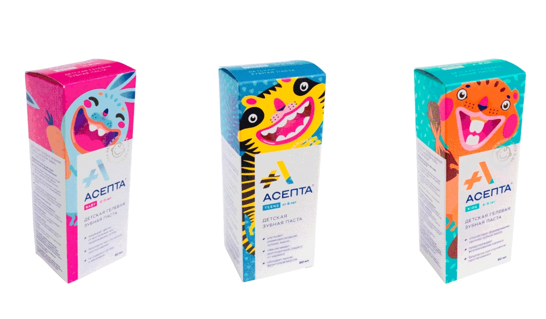 Asepta牙膏嬰兒兒童青少年包裝設(shè)計(jì)，松鼠兔子老虎動(dòng)物插圖設(shè)計(jì)
