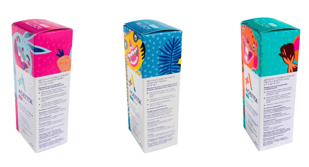 Asepta牙膏嬰兒兒童青少年包裝設(shè)計(jì)，松鼠兔子老虎動(dòng)物插圖設(shè)計(jì)