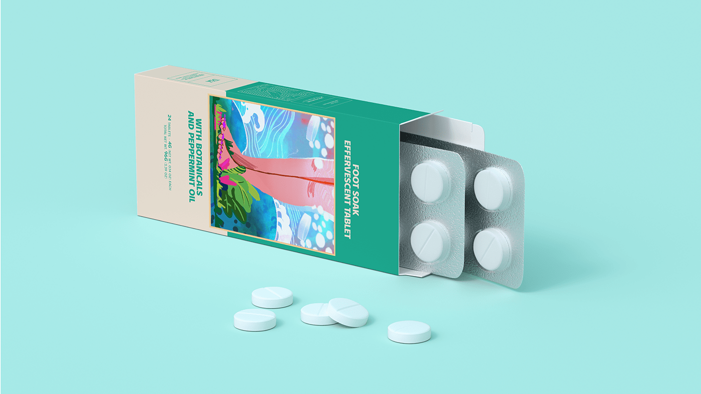 TABLETS 生姜精油泡騰片足浴包包裝設計，虛實結合的腳部與草本插畫
