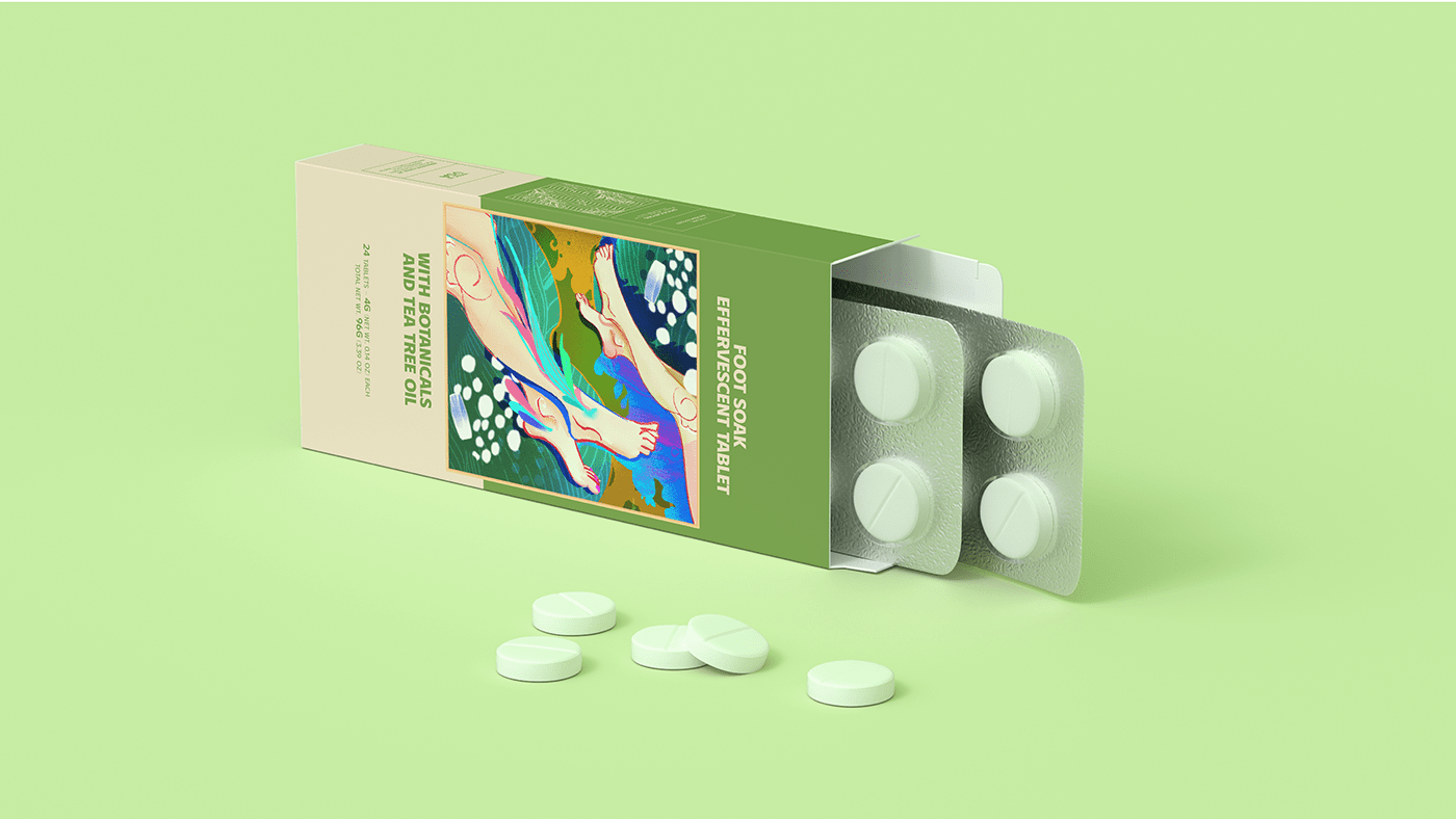 TABLETS 生姜精油泡騰片足浴包包裝設計，虛實結合的腳部與草本插畫