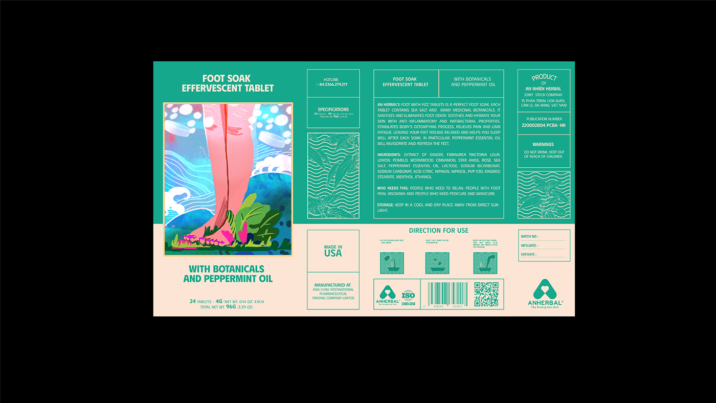 TABLETS 生姜精油泡騰片足浴包包裝設計，虛實結合的腳部與草本插畫