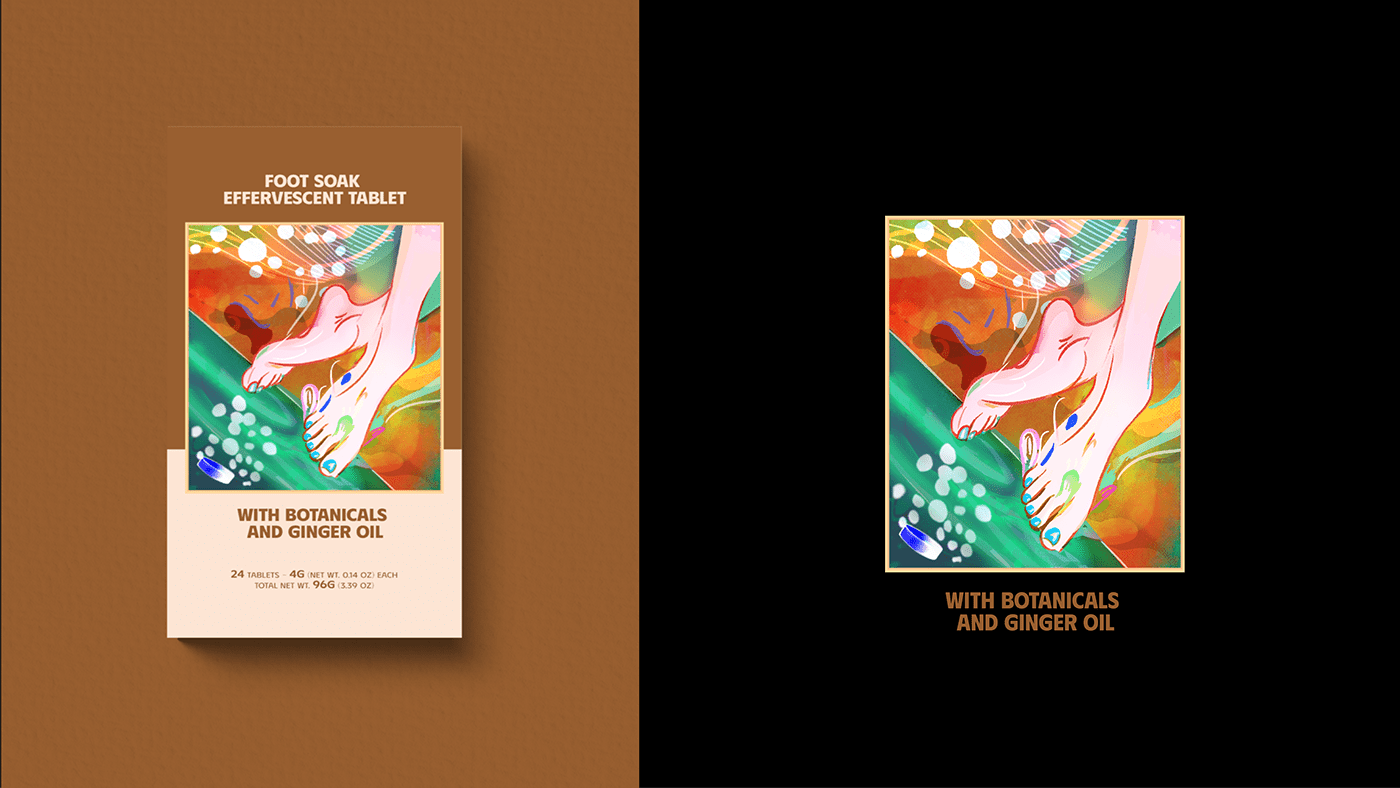 TABLETS 生姜精油泡騰片足浴包包裝設計，虛實結合的腳部與草本插畫