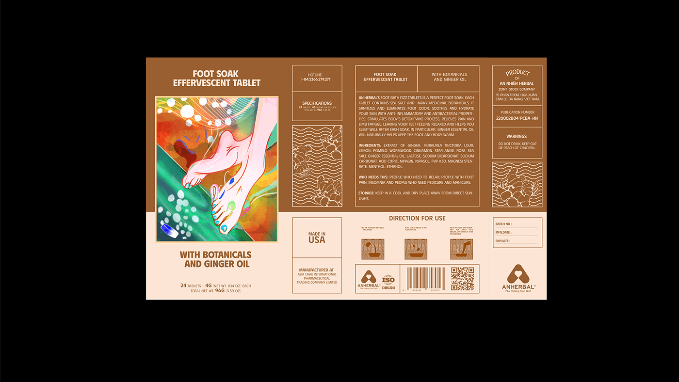 TABLETS 生姜精油泡騰片足浴包包裝設計，虛實結合的腳部與草本插畫