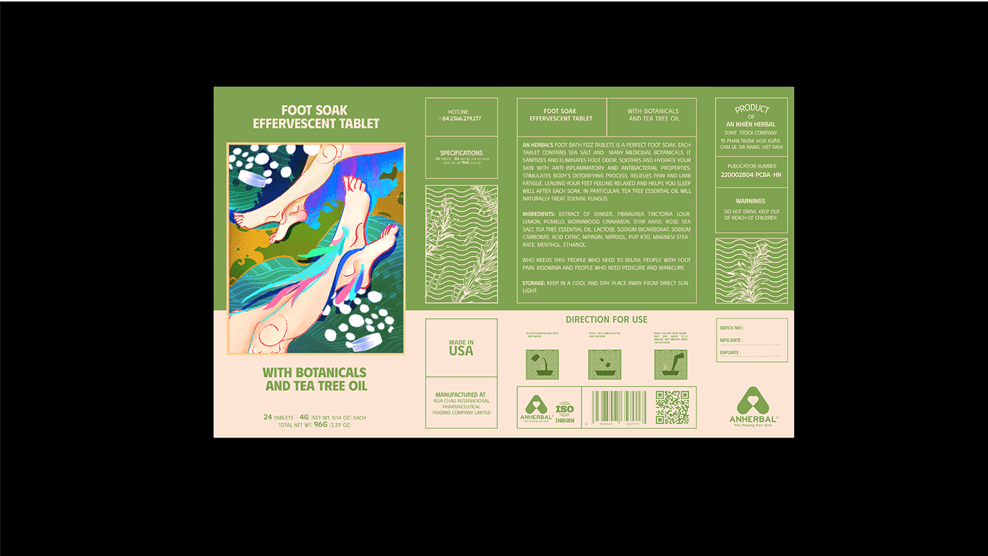 TABLETS 生姜精油泡騰片足浴包包裝設計，虛實結合的腳部與草本插畫