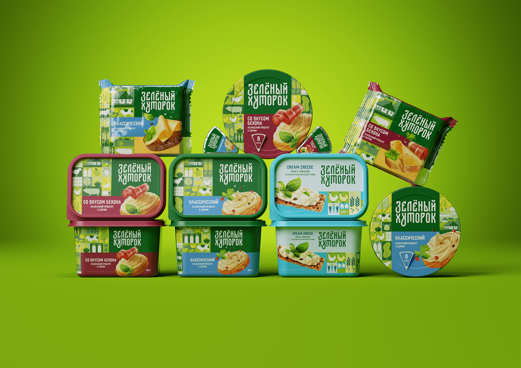 ZELENYJ KHUTOROK 奶酪三明治食品產(chǎn)品線包裝設(shè)計，虛實結(jié)合的自然清淡設(shè)計風(fēng)格