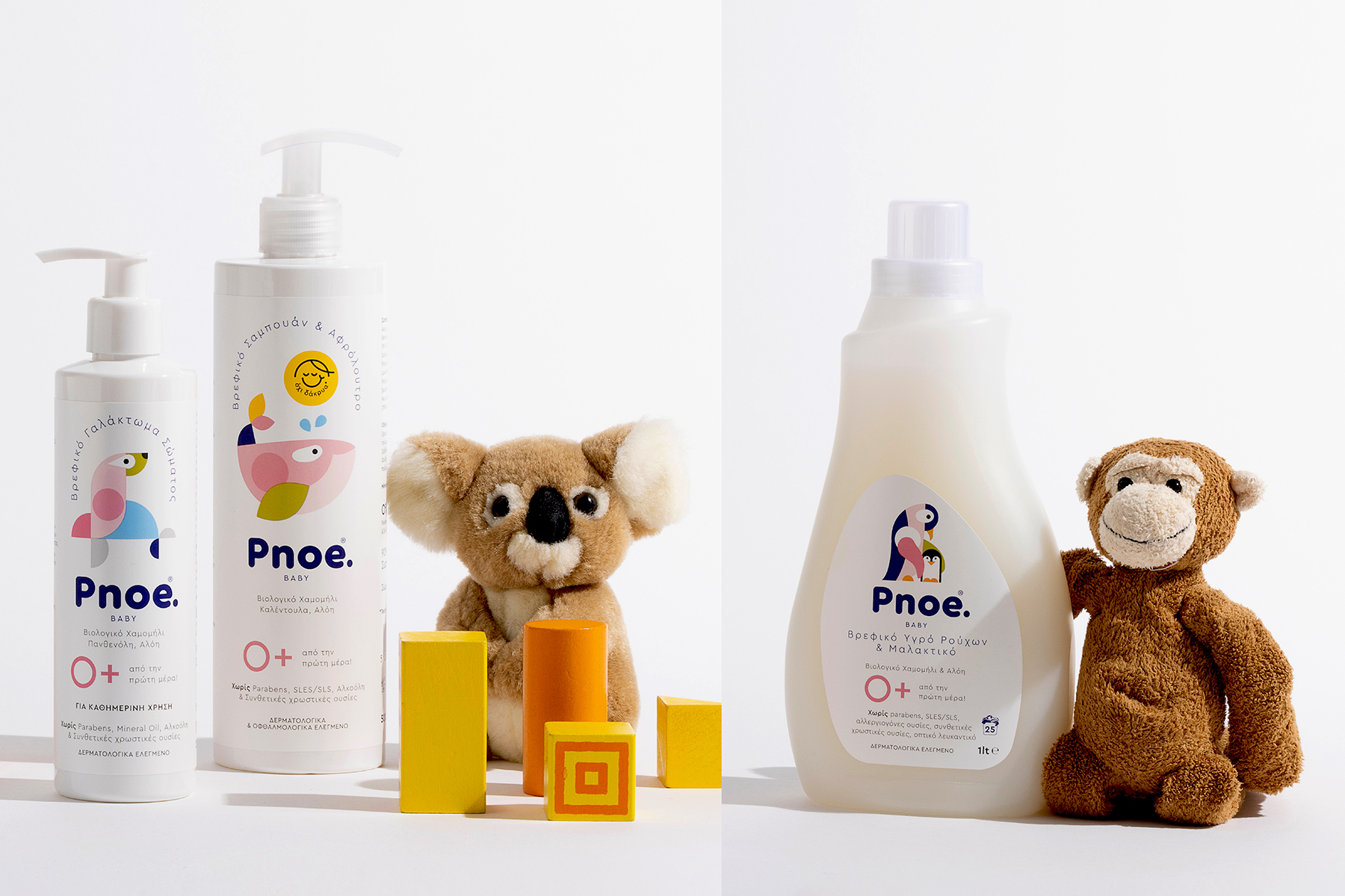 PNOE嬰兒洗護護理產品系列包裝設計，白色俏皮動物插圖元素