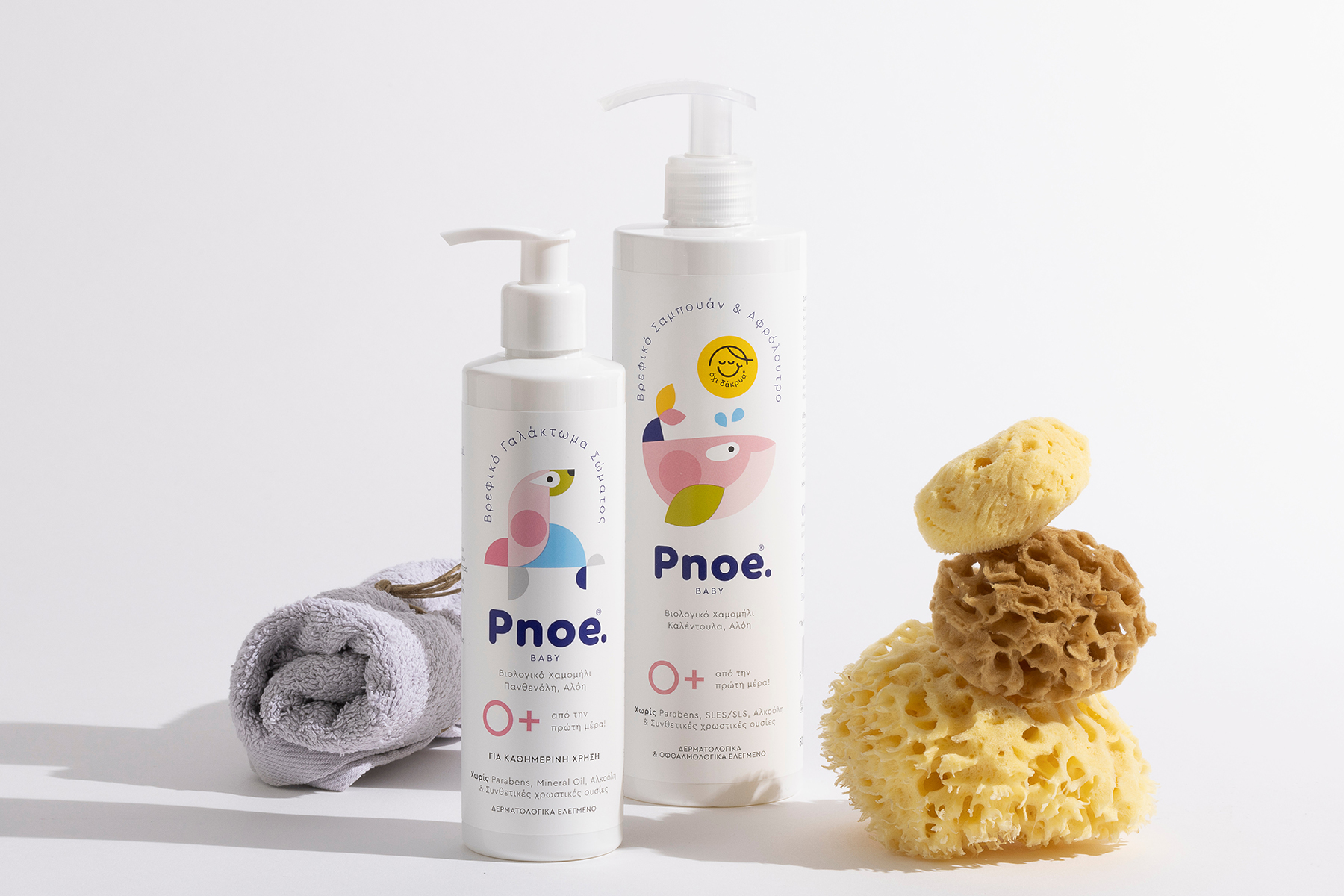 PNOE嬰兒洗護護理產品系列包裝設計，白色俏皮動物插圖元素
