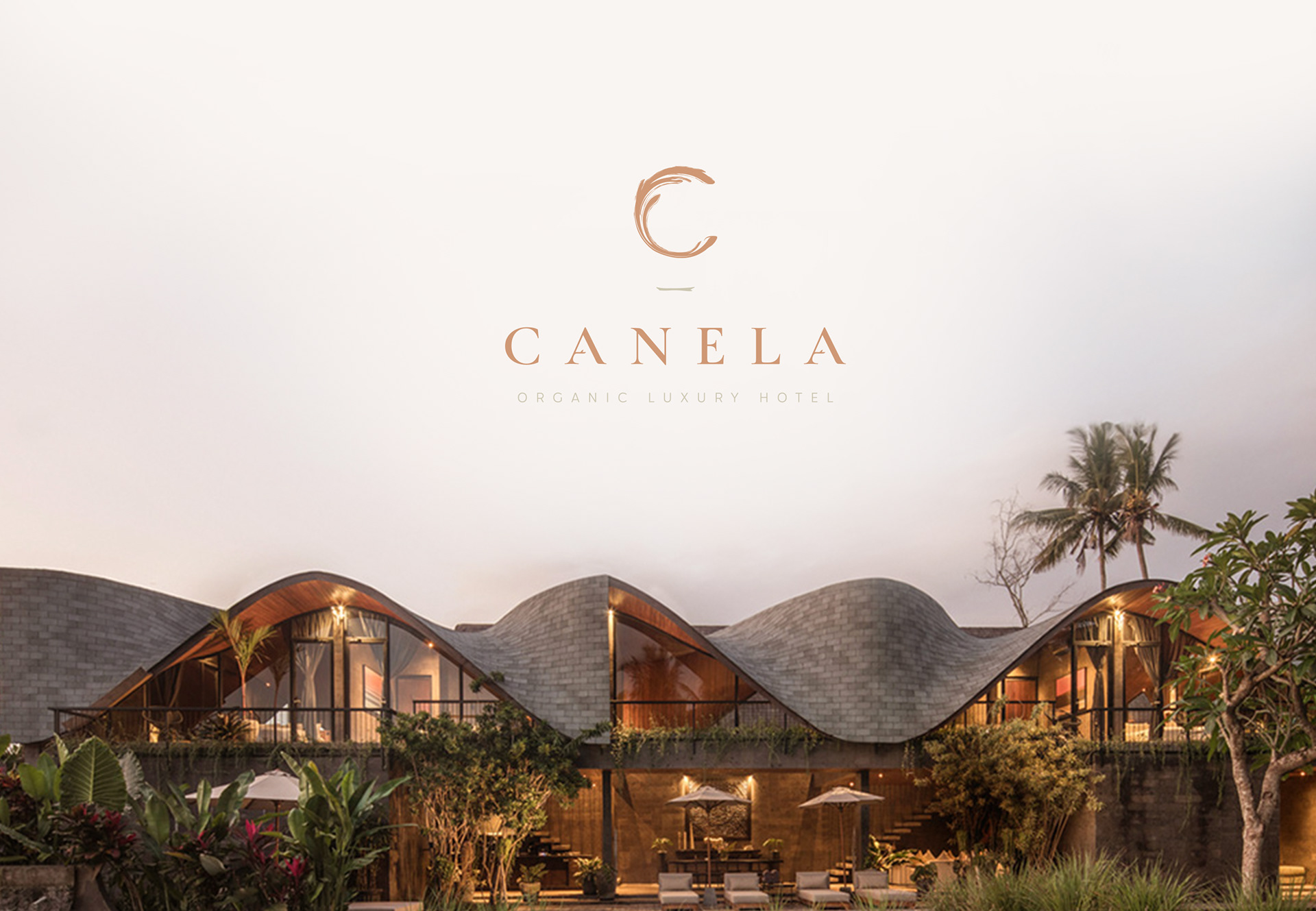 巴西有機豪華酒店藝術建筑項目 Canela 創(chuàng)建品牌logo設計和藝術指導，彎曲肉桂C字母元素