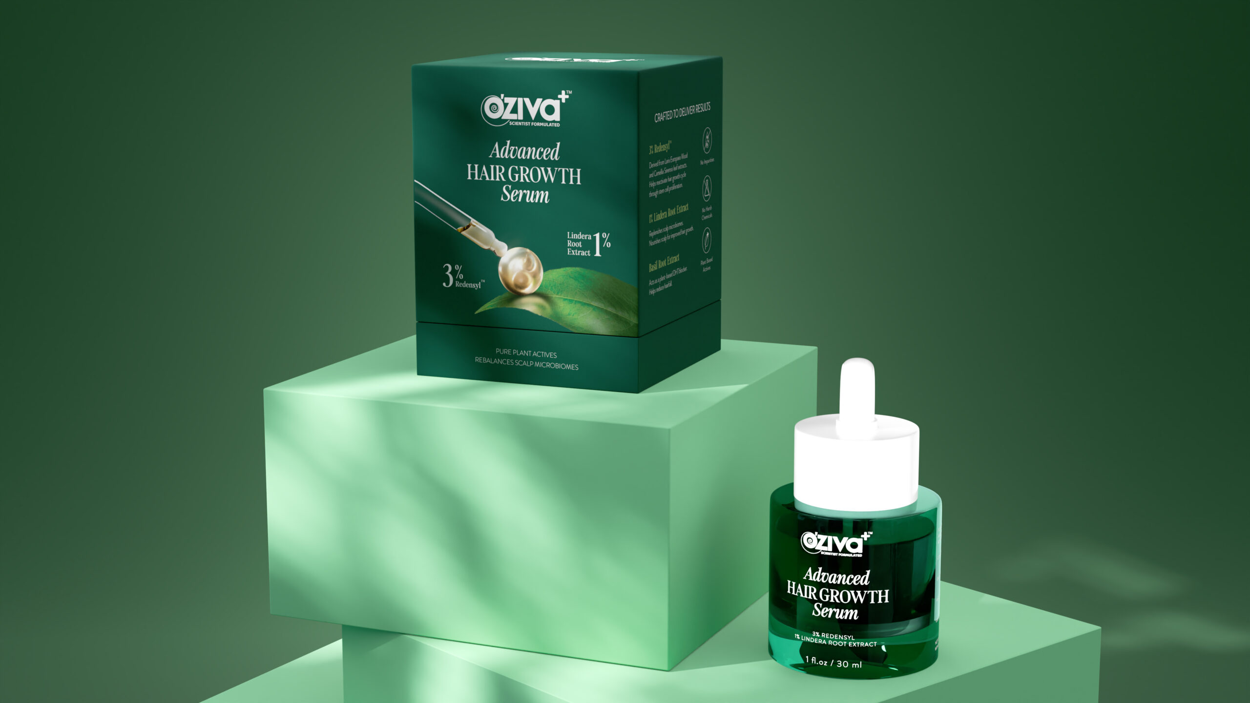 OZiva印度草本保健品生發精華液品牌包裝設計，高端有機健康綠色風