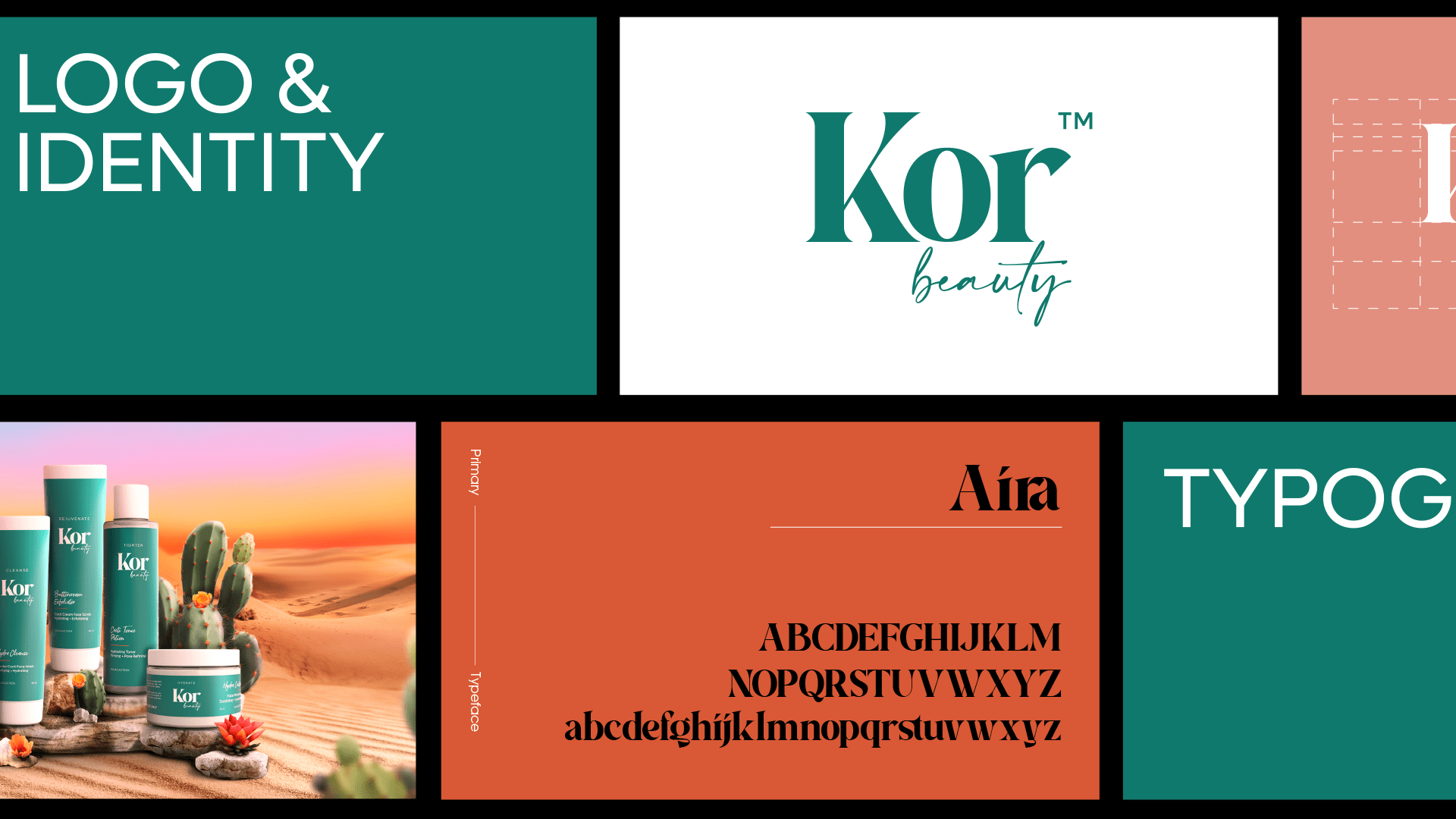 KOR皮膚補水革命性化妝護膚品護理品牌字體logo設計與藍綠色包裝設計