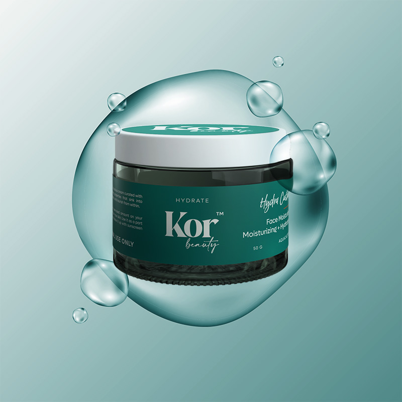 KOR皮膚補水革命性化妝護膚品護理品牌字體logo設計與藍綠色包裝設計