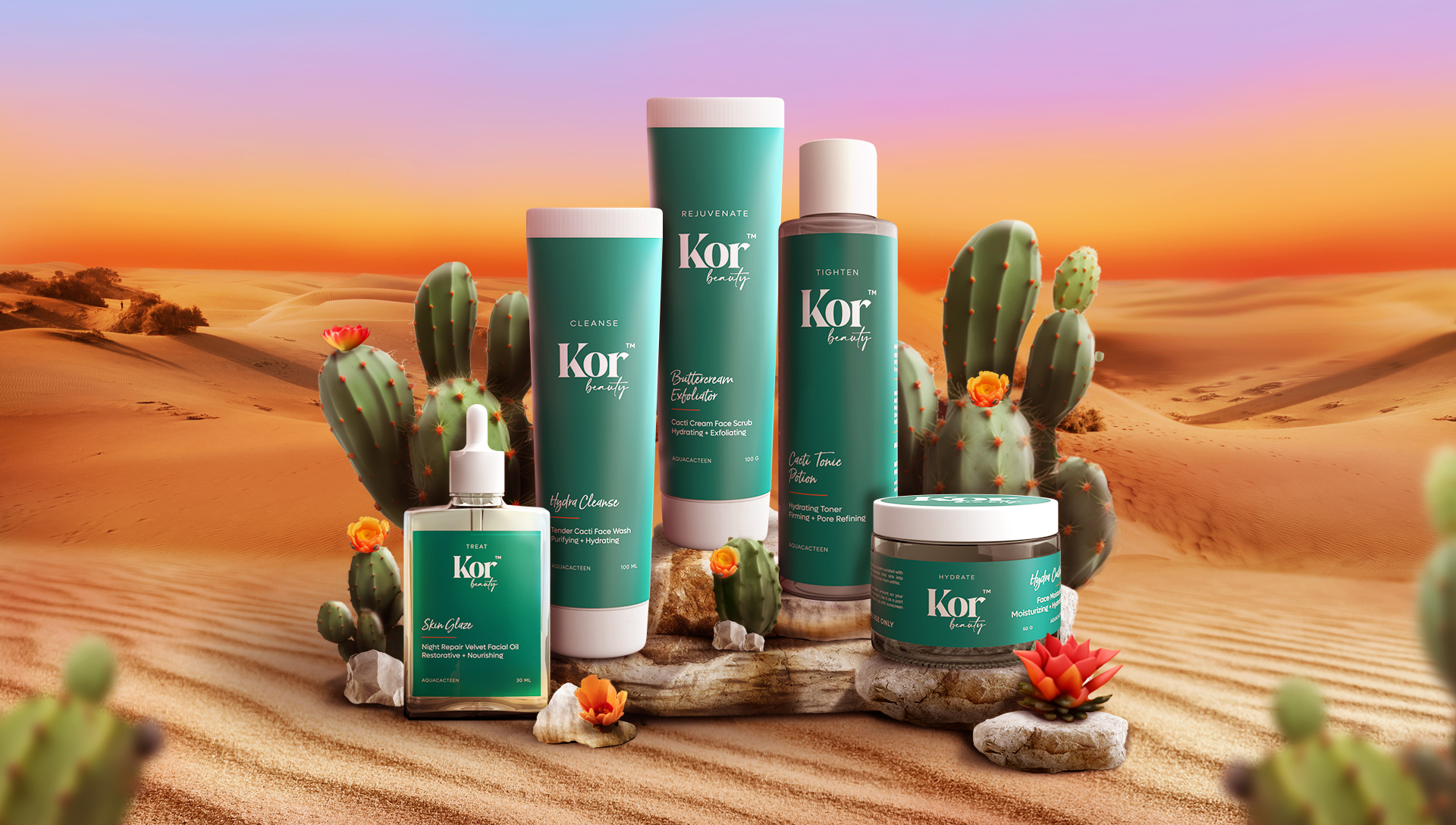 KOR皮膚補水革命性化妝護膚品護理品牌字體logo設計與藍綠色包裝設計