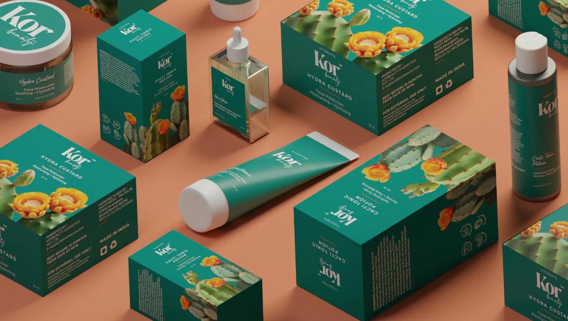 KOR皮膚補水革命性化妝護膚品護理品牌字體logo設計與藍綠色包裝設計