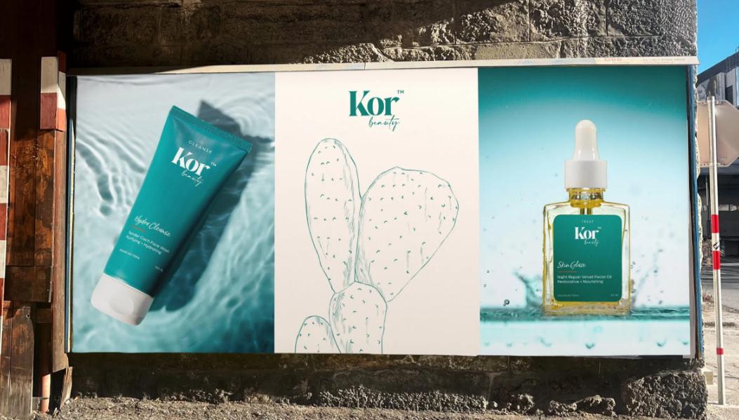 KOR皮膚補水革命性化妝護膚品護理品牌字體logo設計與藍綠色包裝設計