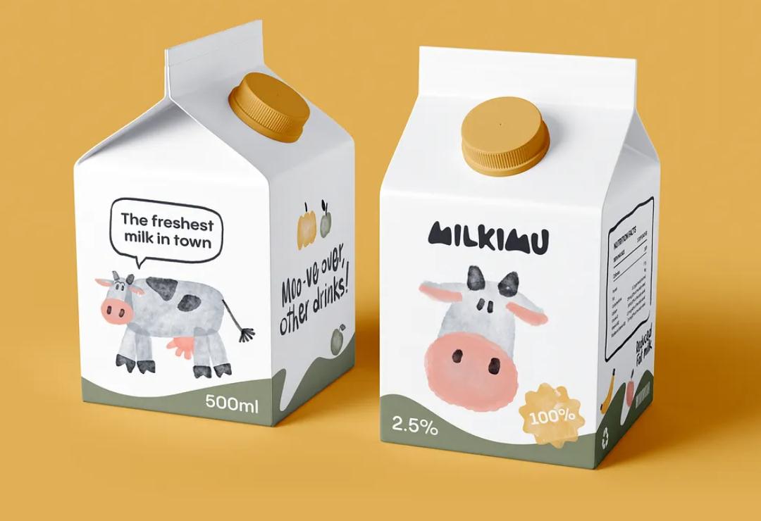 Milkimu牛奶乳制品品牌包裝設計和營銷圖形，可愛手繪卡通牛牛元素-小牛奶紙盒設計