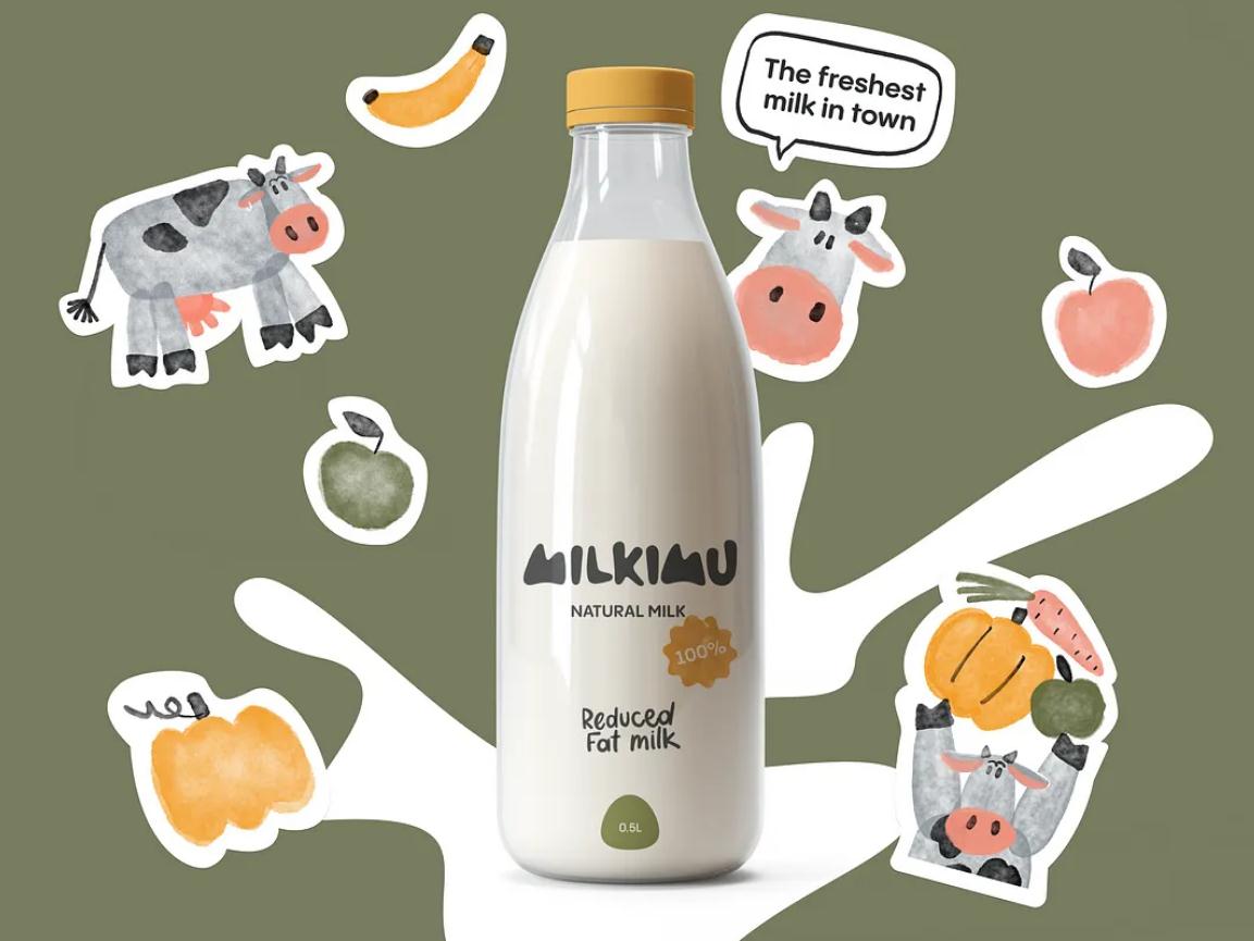 Milkimu牛奶乳制品品牌包裝設計和營銷圖形，可愛手繪卡通牛牛元素-牛奶玻璃瓶和品牌貼紙