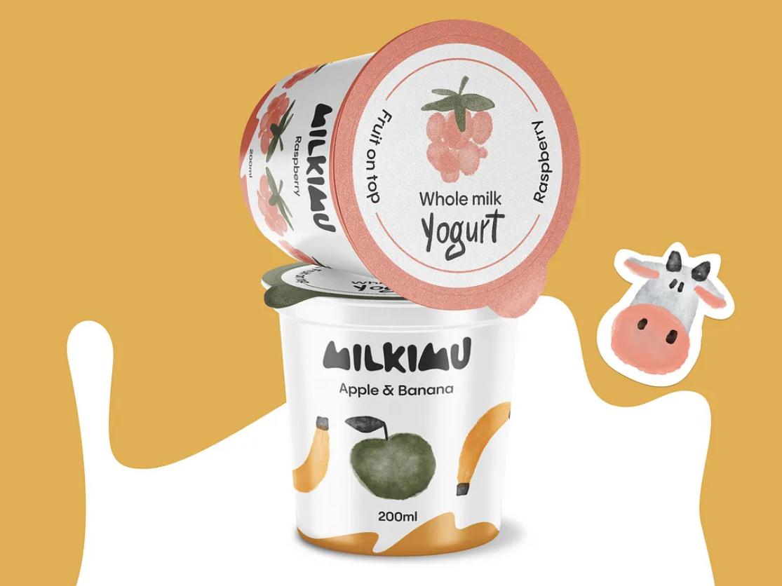 Milkimu牛奶乳制品品牌包裝設計和營銷圖形，可愛手繪卡通牛牛元素-酸奶包裝設計