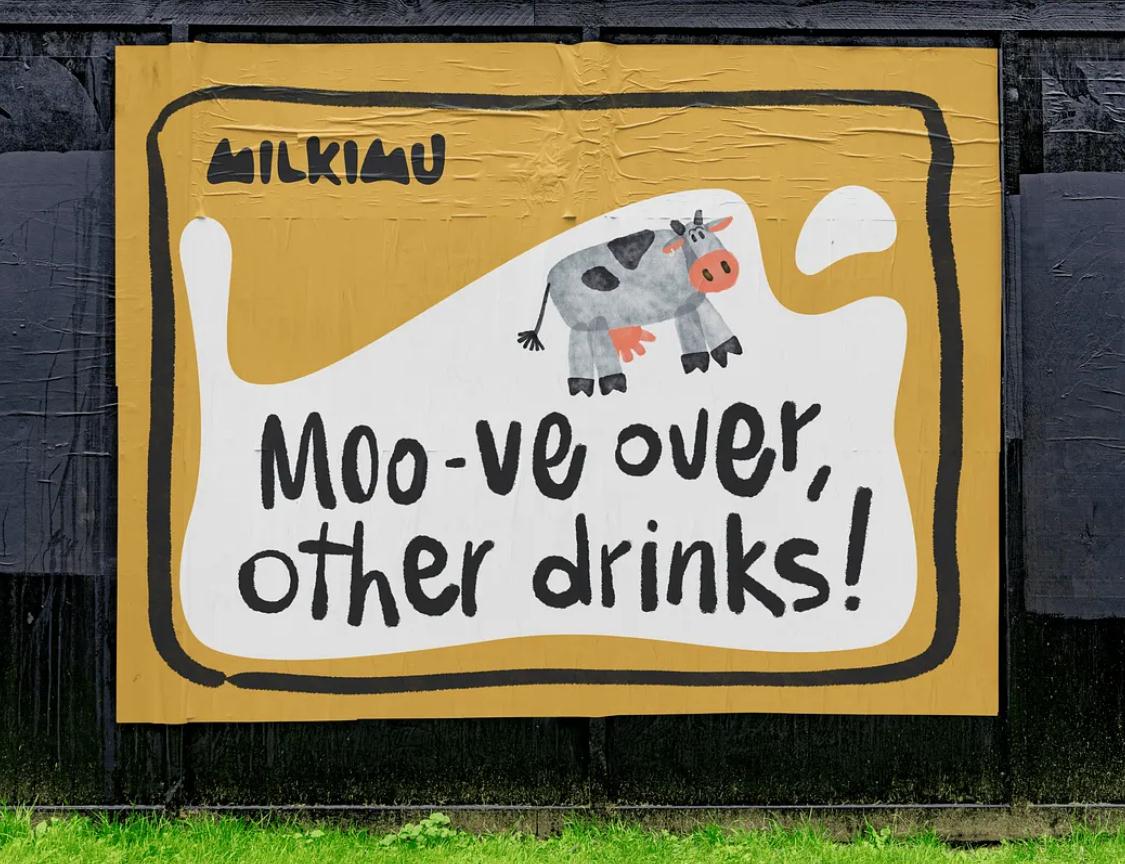 Milkimu牛奶乳制品品牌包裝設計和營銷圖形，可愛手繪卡通牛牛元素-戶外廣告海報