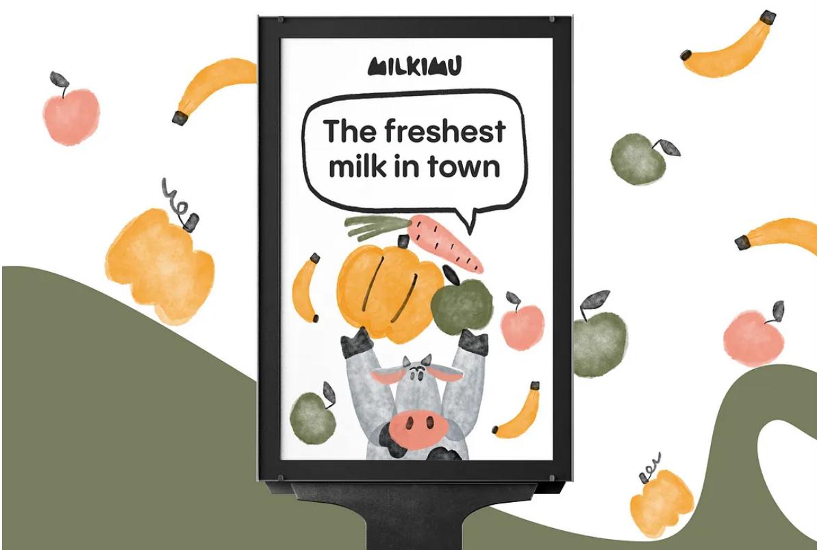 Milkimu牛奶乳制品品牌包裝設計和營銷圖形，可愛手繪卡通牛牛元素-廣告海報