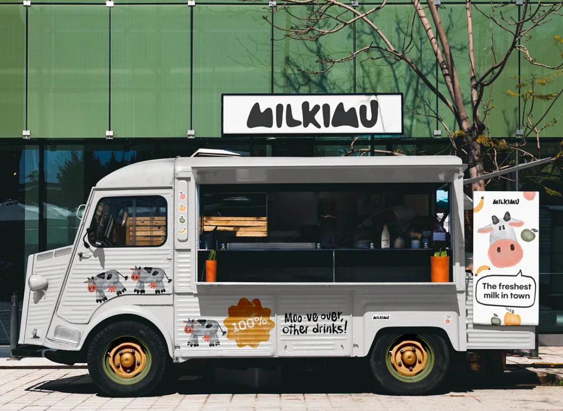 Milkimu牛奶乳制品品牌包裝設計和營銷圖形，可愛手繪卡通牛牛元素-品牌車涂裝設計