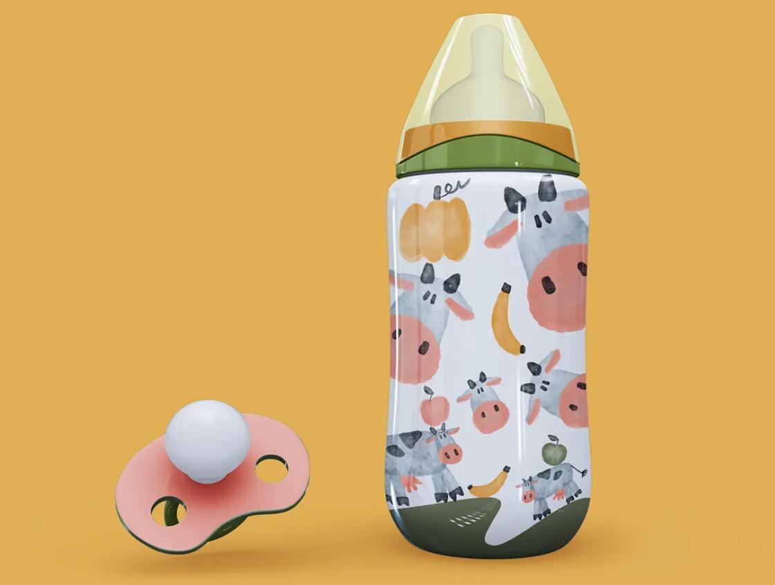 Milkimu牛奶乳制品品牌包裝設計和營銷圖形，可愛手繪卡通牛牛元素-品牌嬰兒奶瓶設計