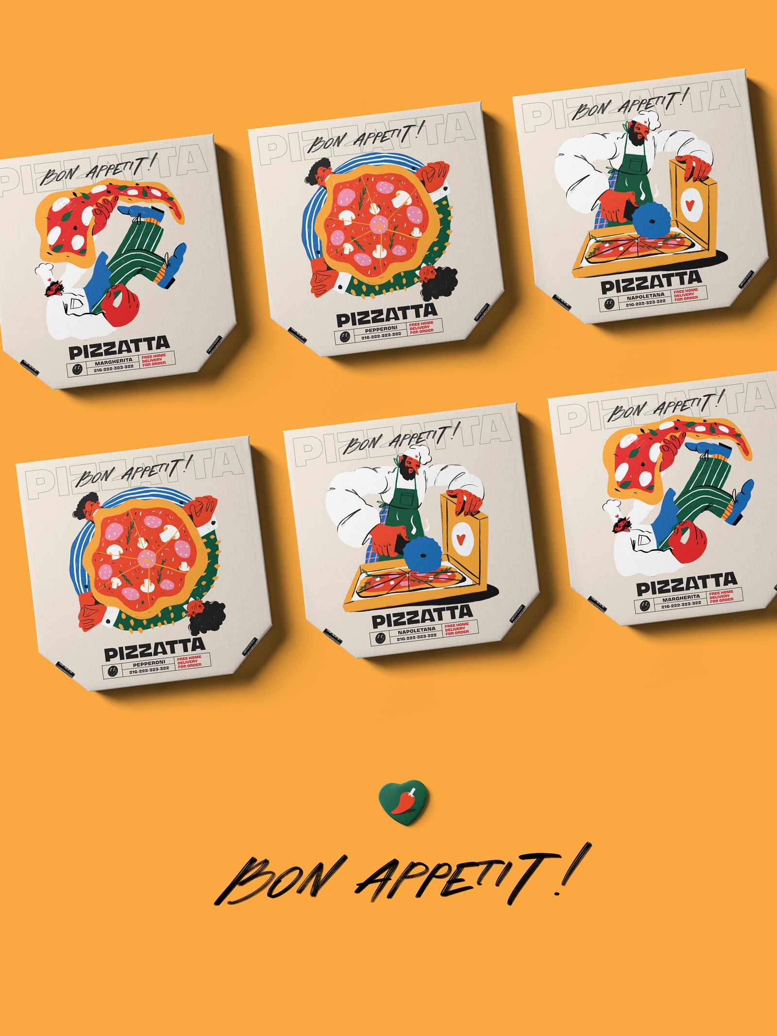 Pizzatta藝術(shù)插畫(huà)披薩品牌包裝設(shè)計(jì)，傳遞活力和歡快氛圍
