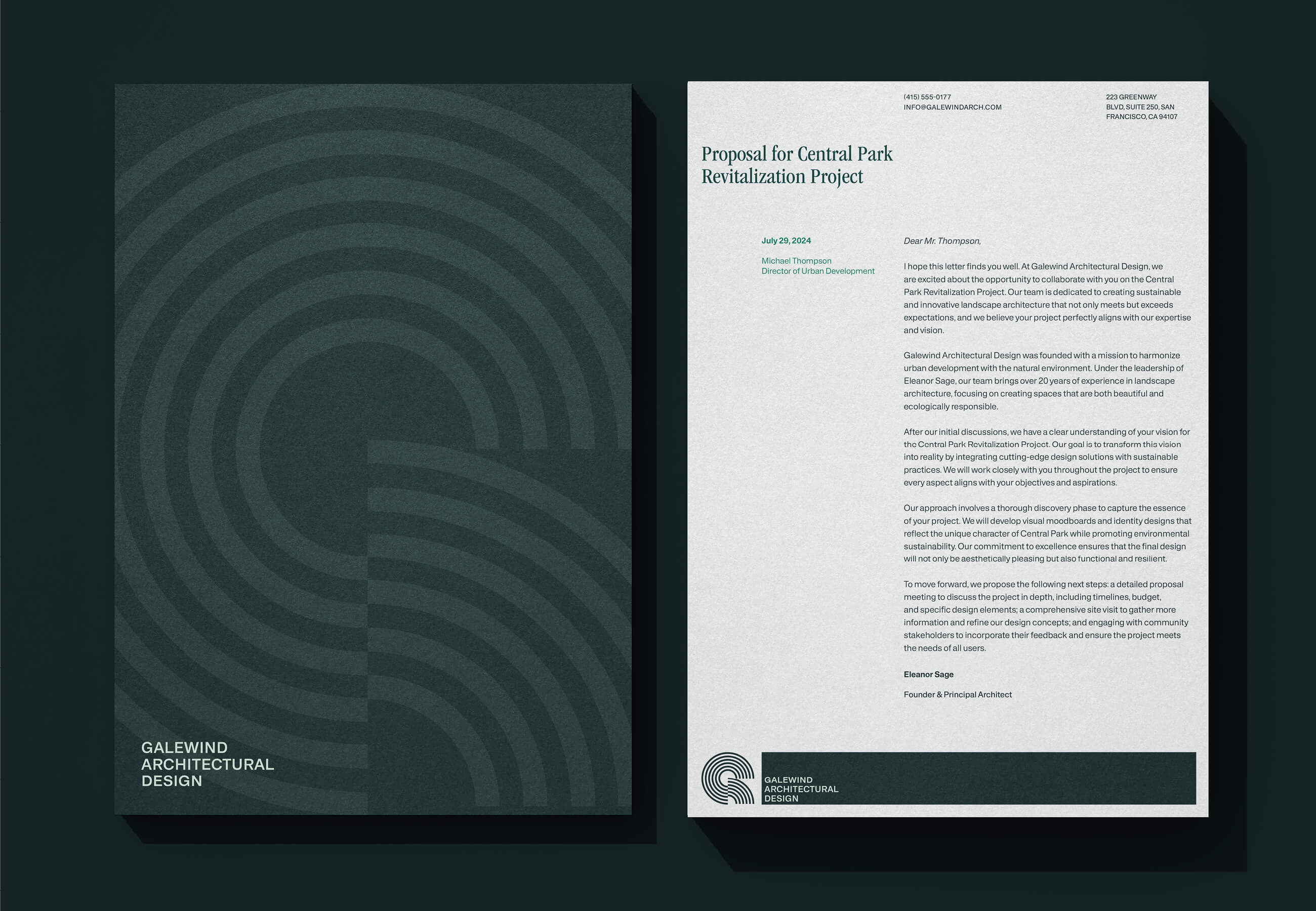 Galewind 景觀建筑設計公司企業logo設計vi形象設計，深綠色線條風格