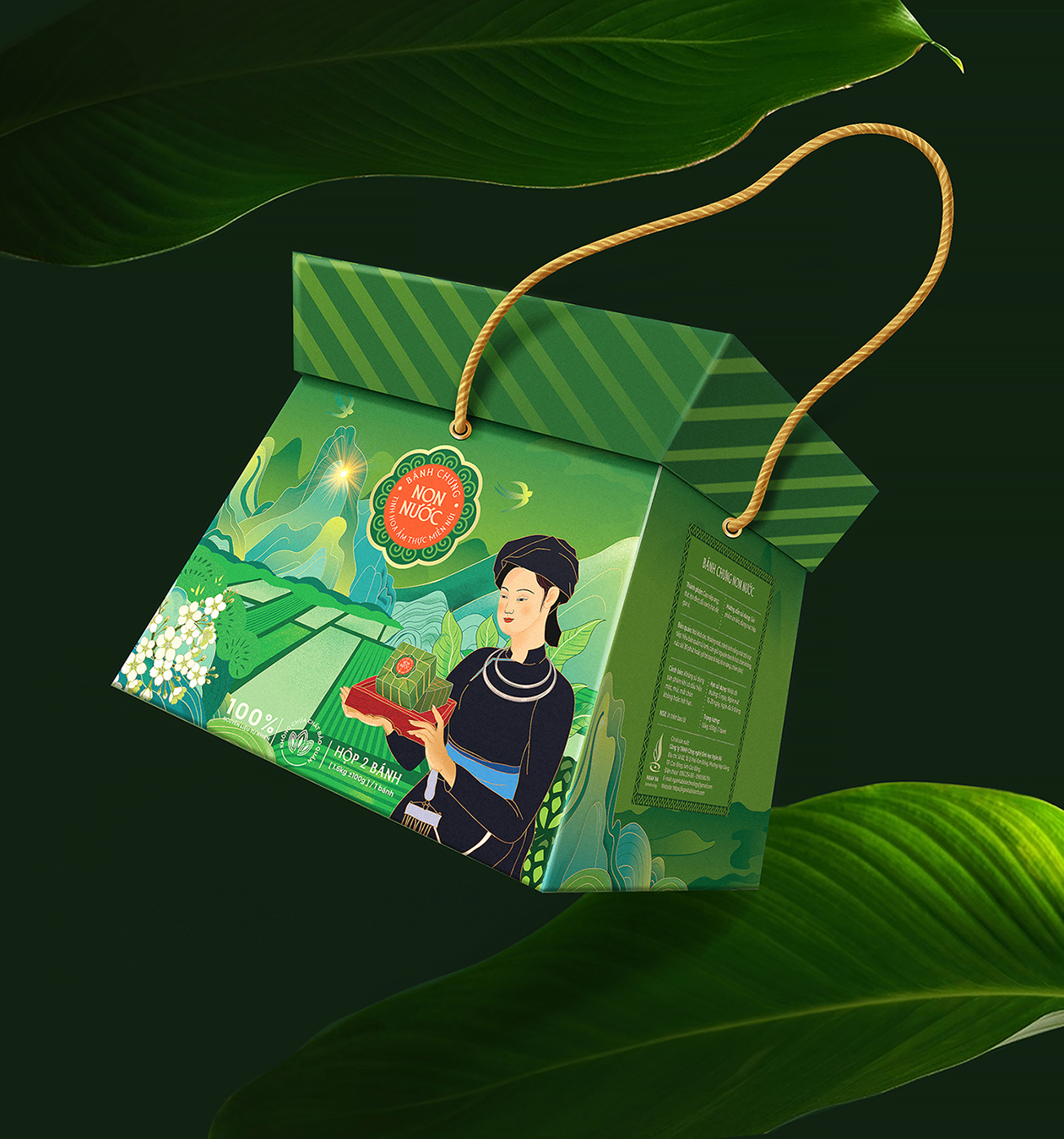 Non Nuoc高平板栗野豬肉粽子禮盒包裝設(shè)計(jì)，傳統(tǒng)岱族服飾少女+自然田園風(fēng)景插畫