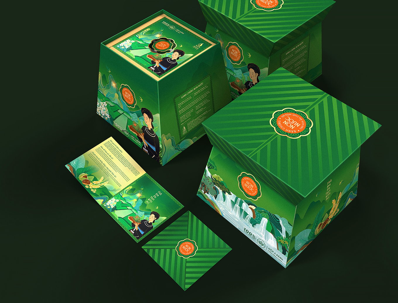 Non Nuoc高平板栗野豬肉粽子禮盒包裝設(shè)計(jì)，傳統(tǒng)岱族服飾少女+自然田園風(fēng)景插畫