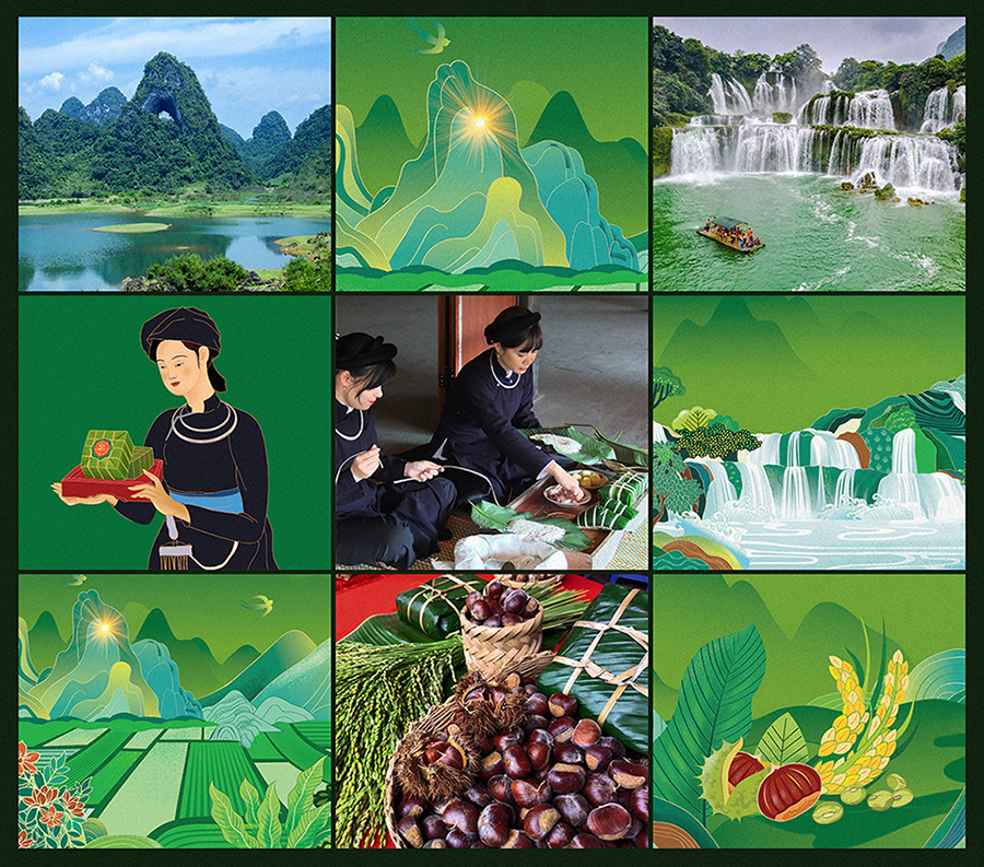 Non Nuoc高平板栗野豬肉粽子禮盒包裝設(shè)計(jì)，傳統(tǒng)岱族服飾少女+自然田園風(fēng)景插畫