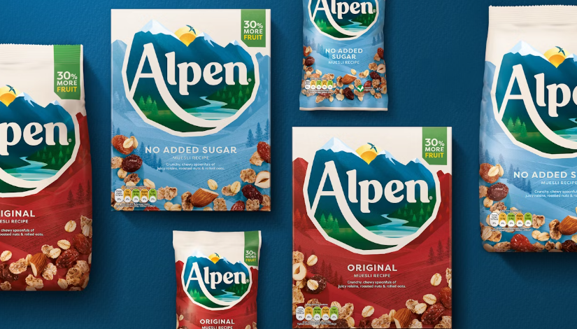 Alpen早餐谷物麥片打造新品牌與logo設計包裝設計，阿爾卑斯山插畫元素