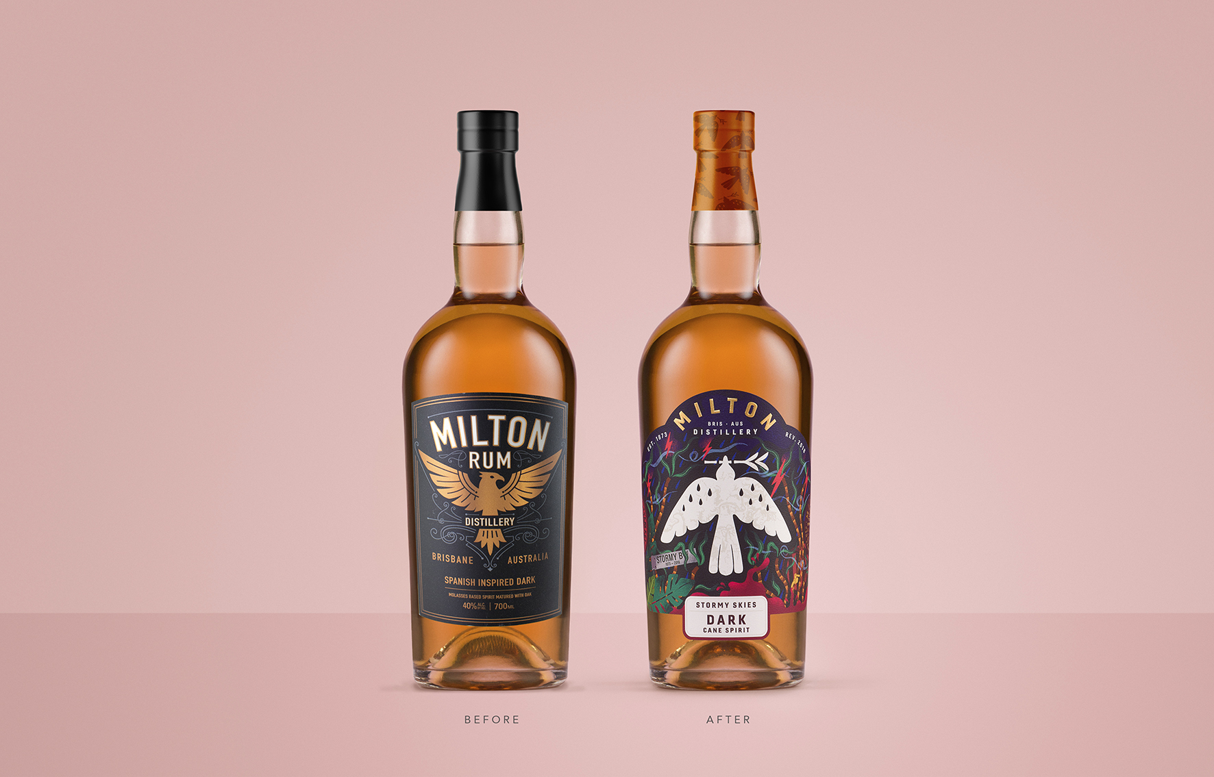 米爾頓酒廠朗姆酒標(biāo)簽包裝設(shè)計(jì)，噪鵑鳥核心識別元素統(tǒng)領(lǐng)所有包裝架構(gòu)