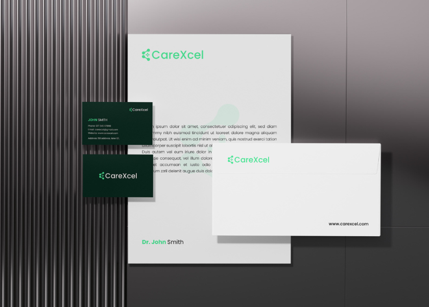 CareExcel 醫(yī)療保健解決方案公司logo設計vi設計，分子結構加十字
