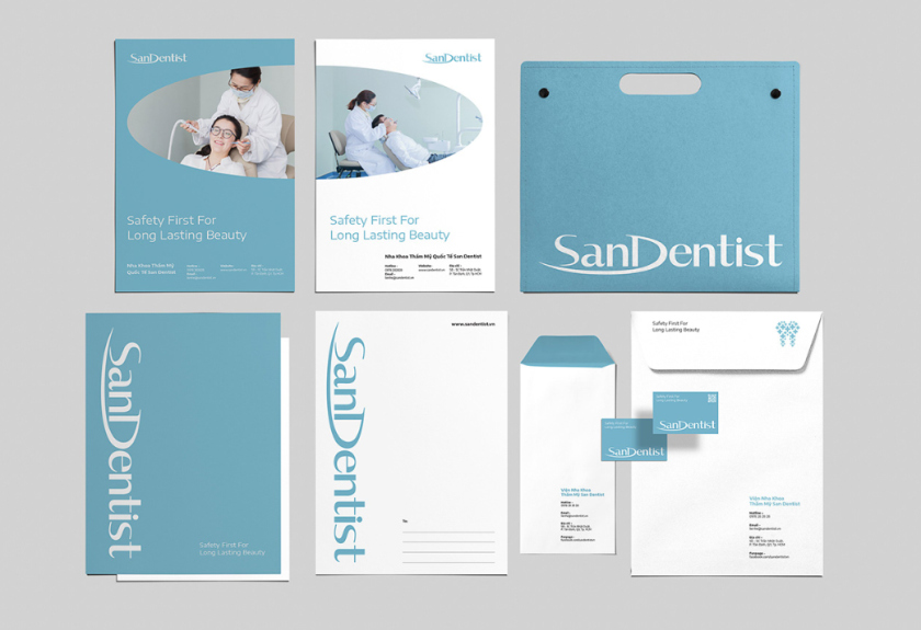 SanDentist 美容牙科品牌形象vi設計，清新風格突出安全與美麗