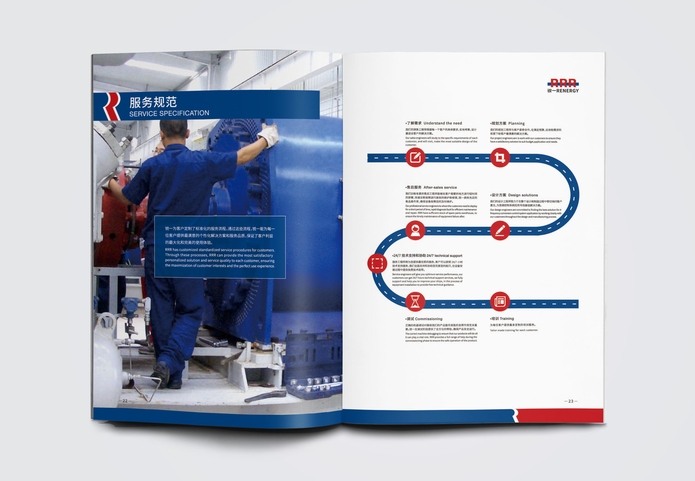 銳一機電公司宣傳畫冊設計，對比色與R識別風公司畫冊設計
