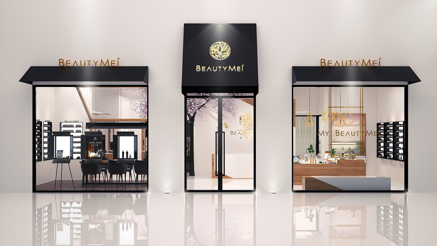 Beautymei水魅兒美甲護(hù)膚化妝品專賣體驗(yàn)店鋪空間設(shè)計(jì)，黑色+深原木色風(fēng)格