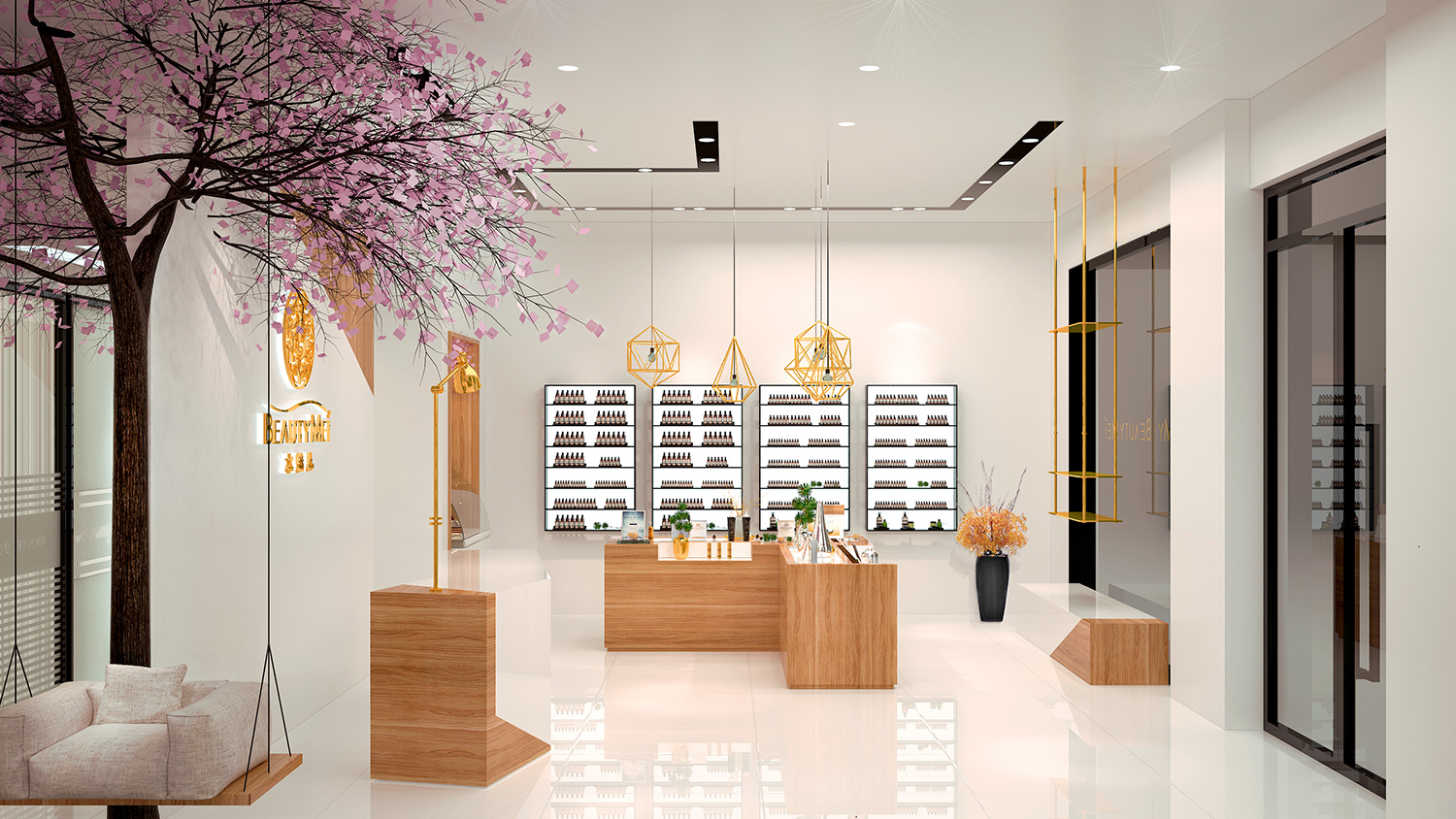 Beautymei水魅兒美甲護(hù)膚化妝品專賣體驗(yàn)店鋪空間設(shè)計(jì)，黑色+深原木色風(fēng)格